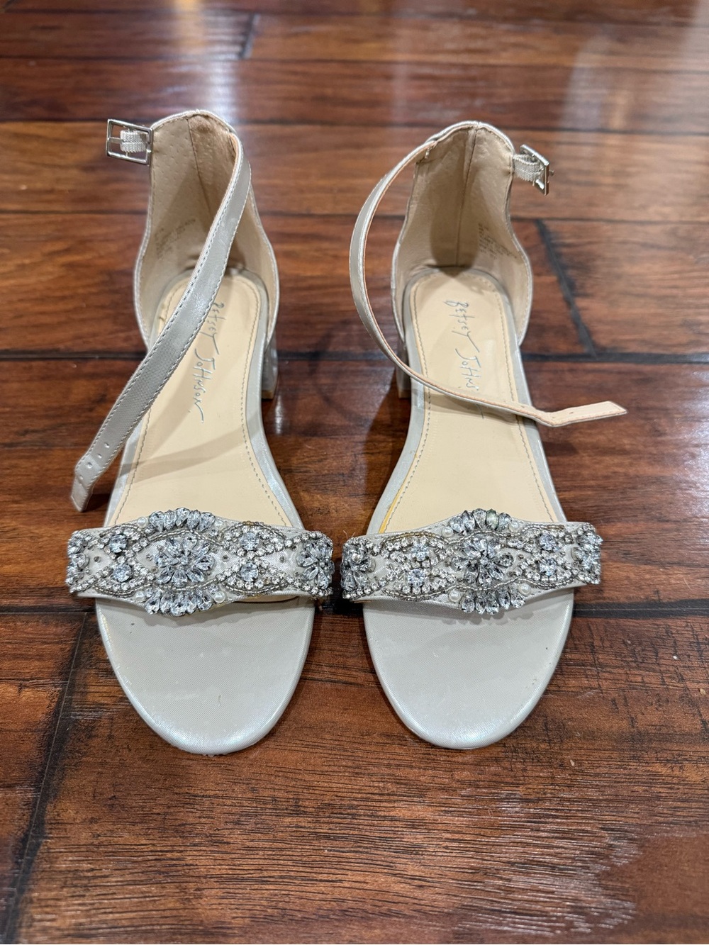Betsey Johnson Ivory Crystal-Embellished Ankle-Strap Heels